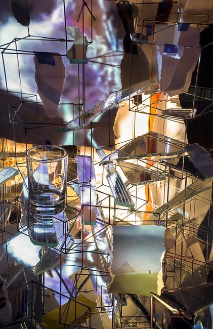 Sarah Sze, Timekeeper, 2016.  Mixed media, mirrors, wood, stainless steel, archival pigment prints, projectors, lamps, desks, stools, stone​.  ​Dimensions Variable.  Photo by Sarah Sze Studio, courtesy of Sarah Sze.